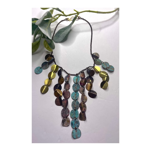 Anthropologie Jewelry - ANTHRO Sibilia Designer Hammered Patina Discs Drop Chunky Lightweight Necklace